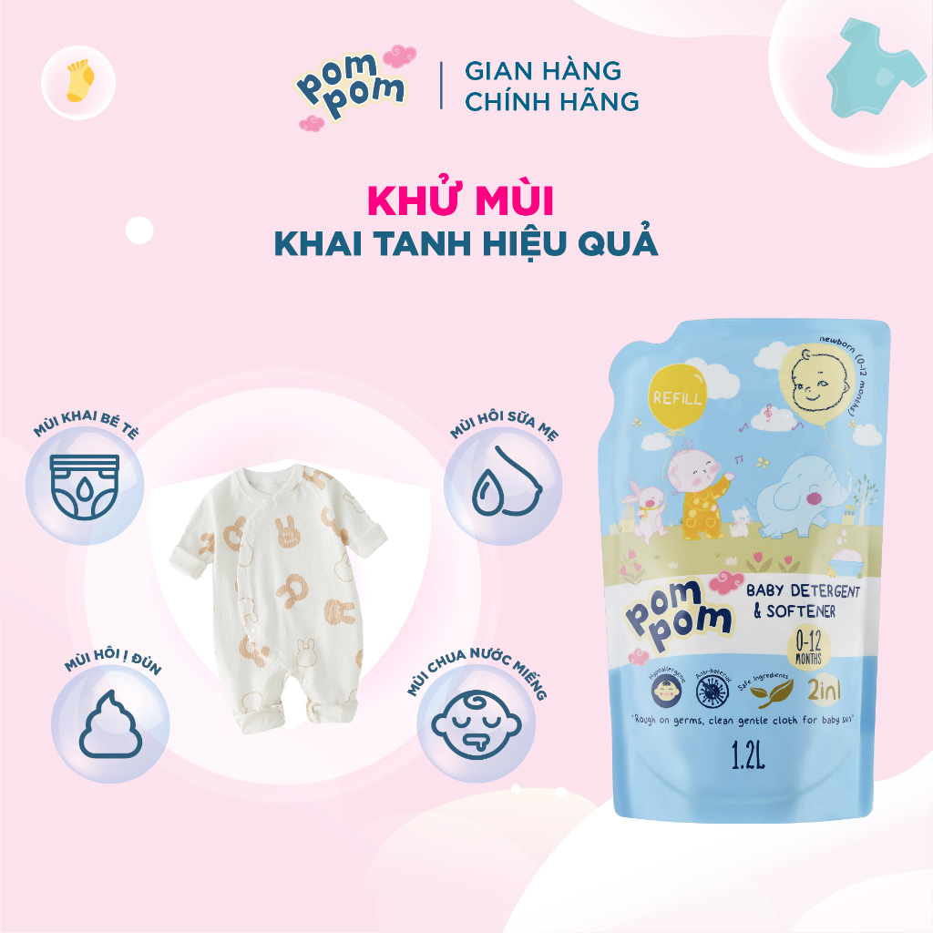 Nước Giặt Xả Cho Bé Sơ Sinh 0-12 Tháng Pom Pom Newborn Sạch Sâu Nôn Trớ, Ọc Sữa, Khử Mùi Hôi Tanh