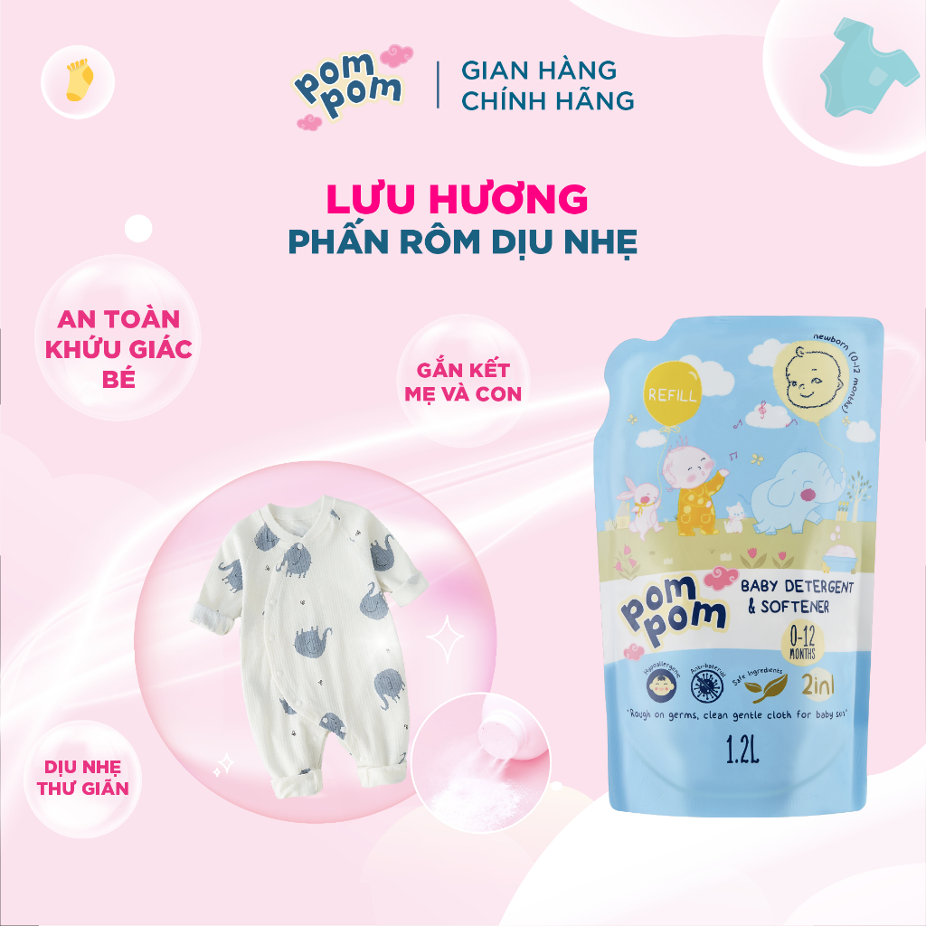 Nước Giặt Xả Cho Bé Sơ Sinh 0-12 Tháng Pom Pom Newborn Sạch Sâu Nôn Trớ, Ọc Sữa, Khử Mùi Hôi Tanh