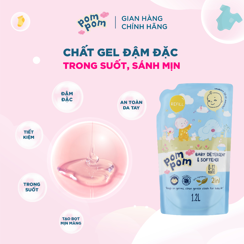 Nước Giặt Xả Cho Bé Sơ Sinh 0-12 Tháng Pom Pom Newborn Sạch Sâu Nôn Trớ, Ọc Sữa, Khử Mùi Hôi Tanh