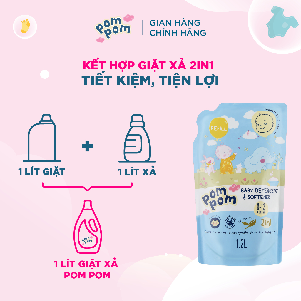 Nước Giặt Xả Cho Bé Sơ Sinh 0-12 Tháng Pom Pom Newborn Sạch Sâu Nôn Trớ, Ọc Sữa, Khử Mùi Hôi Tanh