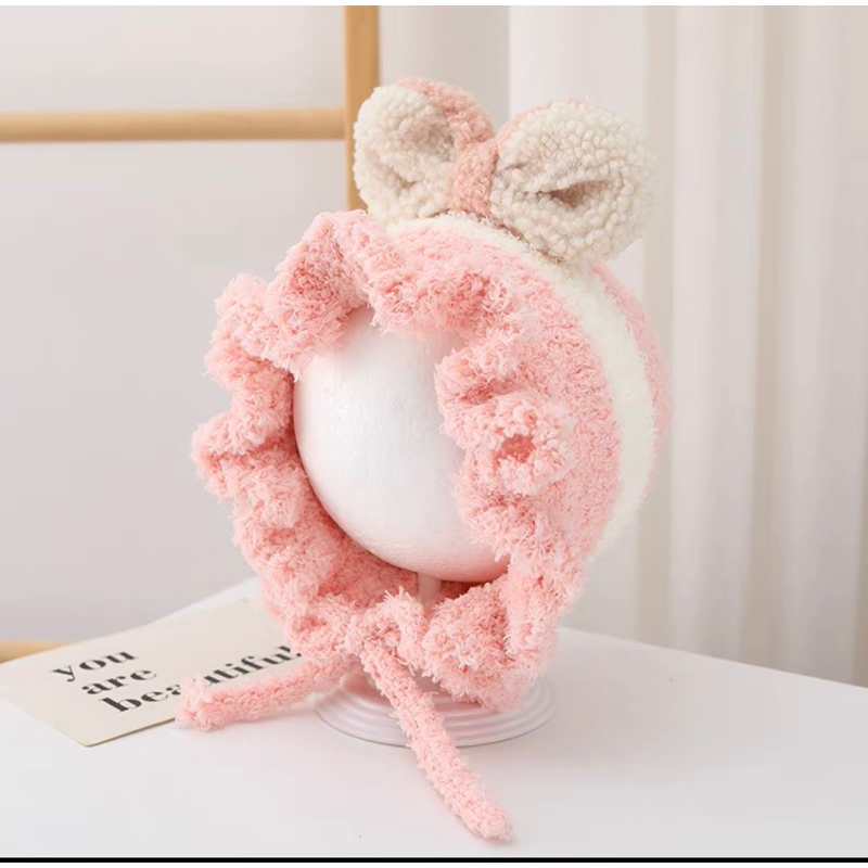 Mũ len trẻ con 2 nơ vành bèo che ấm đầu và 2 tai cho bé