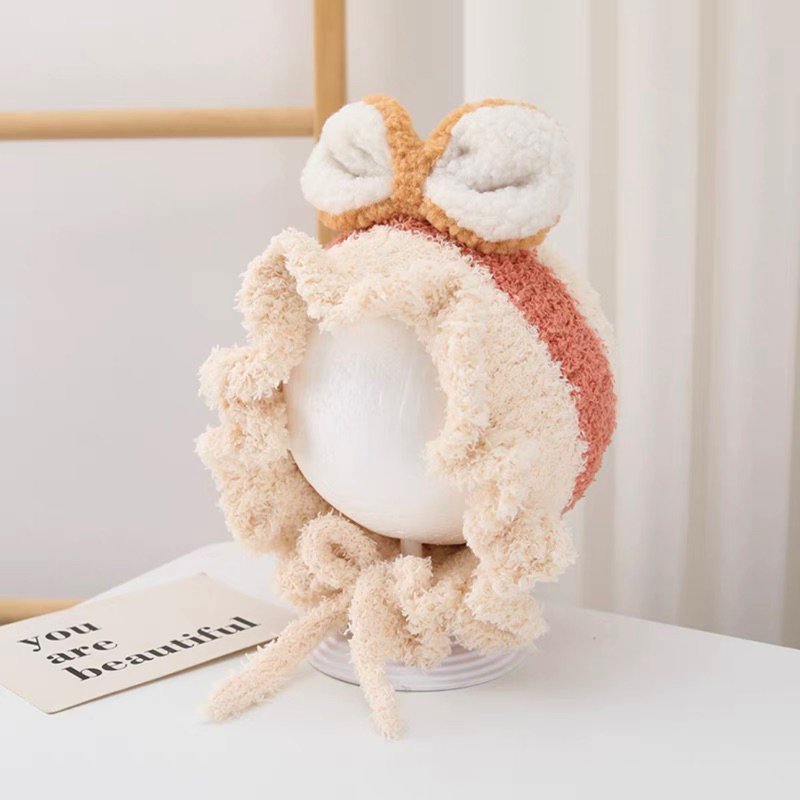 Mũ len trẻ con 2 nơ vành bèo che ấm đầu và 2 tai cho bé