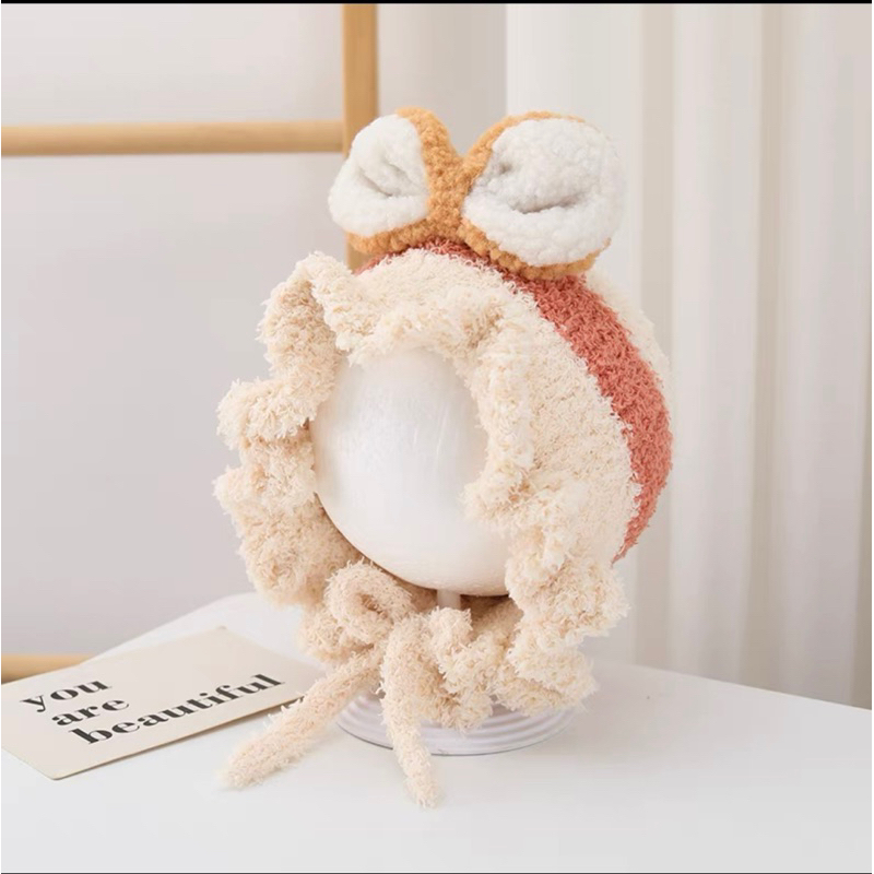 Mũ len trẻ con 2 nơ vành bèo che ấm đầu và 2 tai cho bé