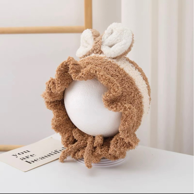 Mũ len trẻ con 2 nơ vành bèo che ấm đầu và 2 tai cho bé