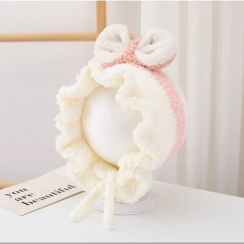 Mũ len trẻ con 2 nơ vành bèo che ấm đầu và 2 tai cho bé