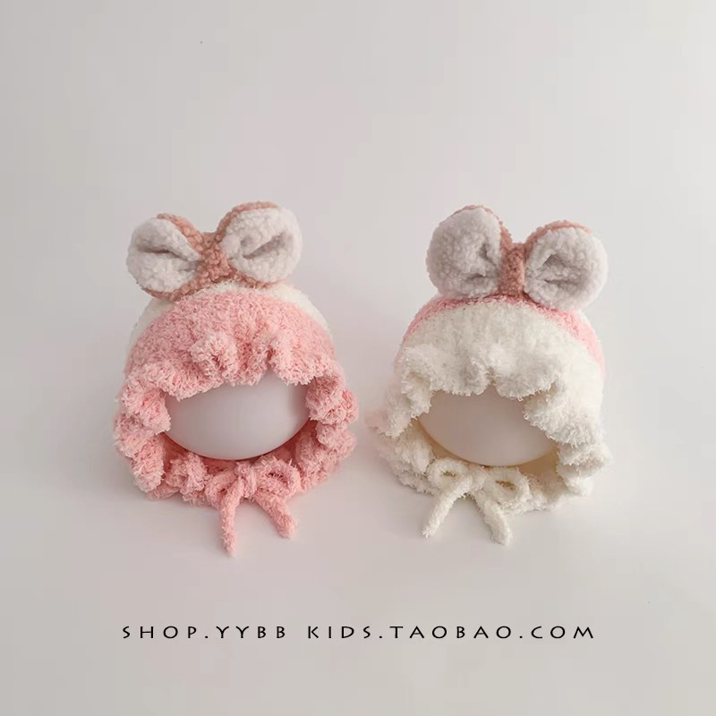 Mũ len trẻ con 2 nơ vành bèo che ấm đầu và 2 tai cho bé