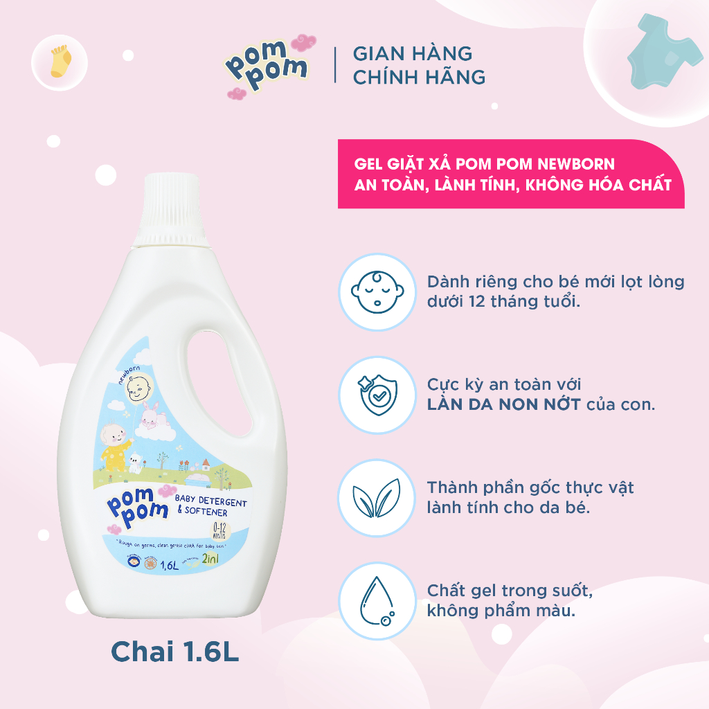 Nước Giặt Xả Cho Bé Sơ Sinh 0-12 Tháng Pom Pom Newborn Sạch Sâu Nôn Trớ, Khử Mùi Hôi Sữa Tè Khai