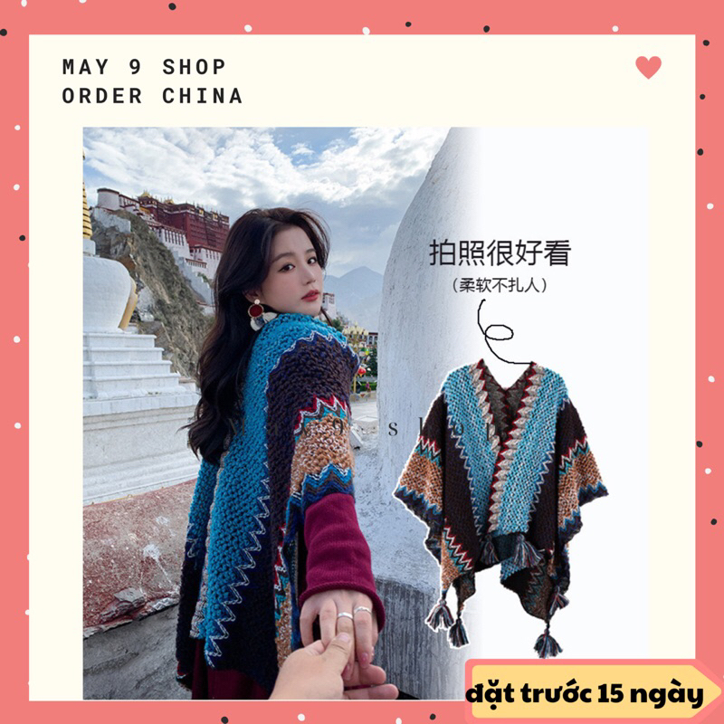 Khăn áo choàng boho thổ cẩm nữ mùa thu đông kiểu len móc 100x135cm