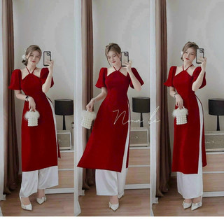 🛍Đầm váy nữ 🛍Set áo dài cách tân vải Nhung đỏ ,Áo dài cổ yếm trễ vai xinh xắn,Áo dài cách tân vải nhung cao cấp ngày tết
