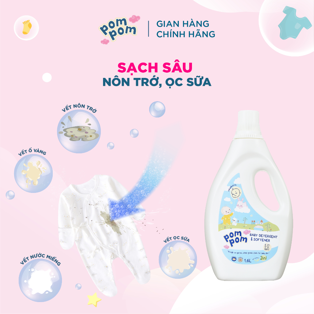Nước Giặt Xả Cho Bé Sơ Sinh 0-12 Tháng Pom Pom Newborn Sạch Sâu Nôn Trớ, Khử Mùi Hôi Sữa Tè Khai