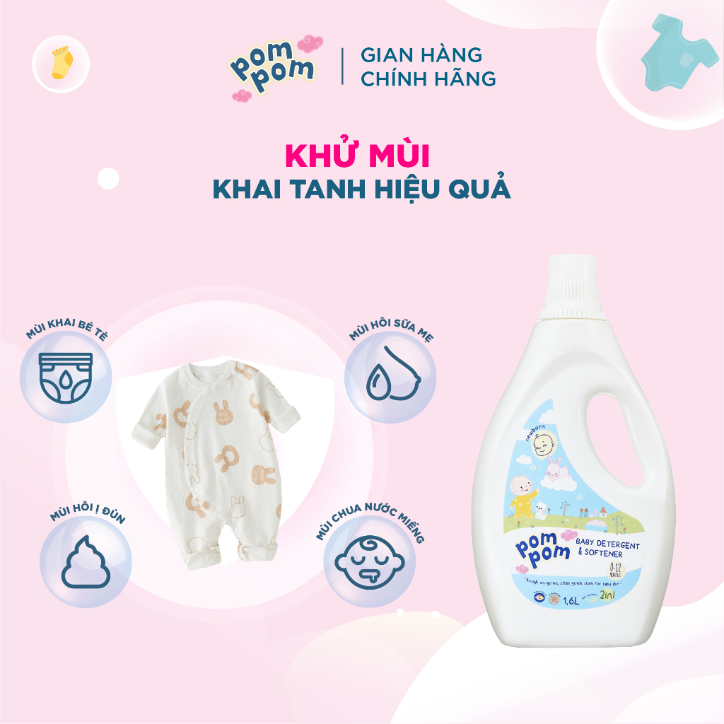 Nước Giặt Xả Cho Bé Sơ Sinh 0-12 Tháng Pom Pom Newborn Sạch Sâu Nôn Trớ, Khử Mùi Hôi Sữa Tè Khai