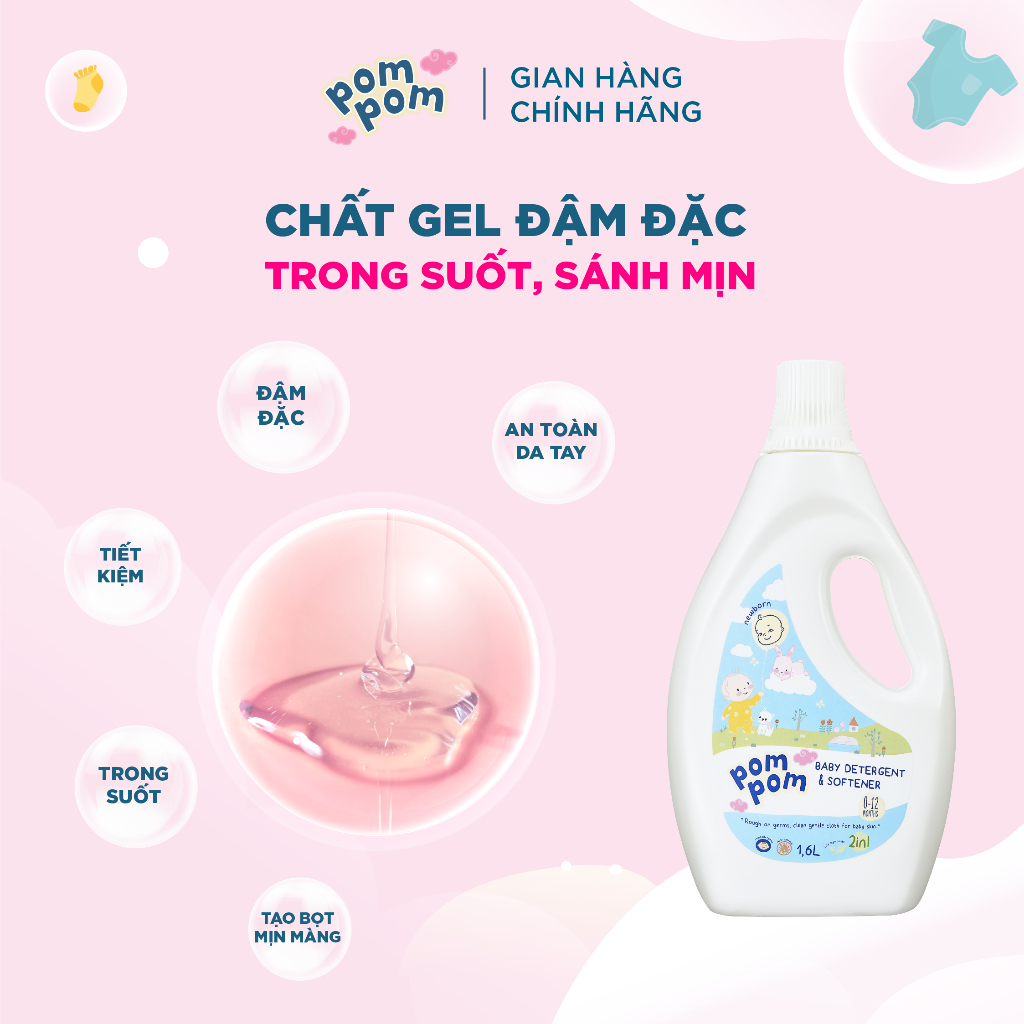 Nước Giặt Xả Cho Bé Sơ Sinh 0-12 Tháng Pom Pom Newborn Sạch Sâu Nôn Trớ, Khử Mùi Hôi Sữa Tè Khai