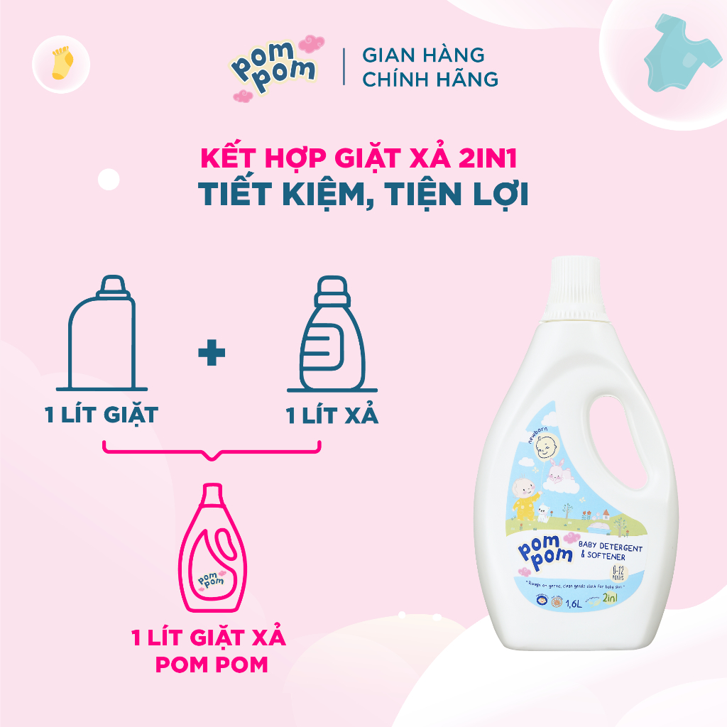 Nước Giặt Xả Cho Bé Sơ Sinh 0-12 Tháng Pom Pom Newborn Sạch Sâu Nôn Trớ, Khử Mùi Hôi Sữa Tè Khai