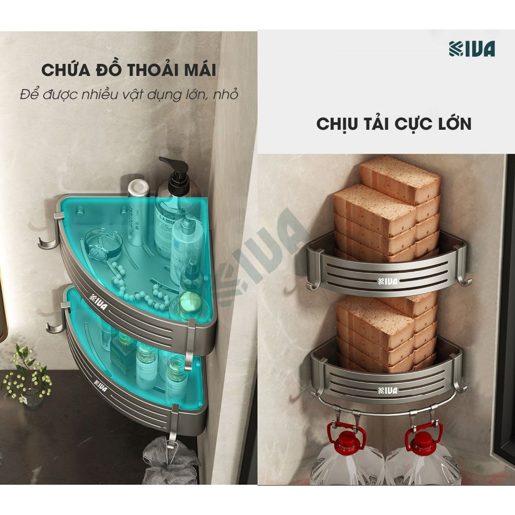 Giá kệ góc nhà tắm KIVA dán tường siêu dính, lắp đặt 2 cách, chất liệu nhông hàng không, dày dặn.