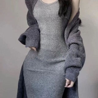 Set đầm len body nữ thu đông áo choàng dài+ váy hai dây body len