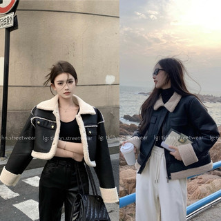 Tklihn áo khoác da mix lông cừu ulzzang áo khoác da croptop độn lông cừu hot trend 2023