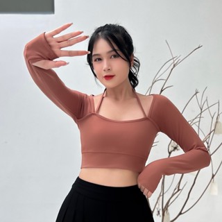  Áo Thể Thao Croptop Nữ Tay Dài Tập Gym Yoga Pickleball Tay Dài Có Mút Ngực Có Xỏ Ngón- Ao18  