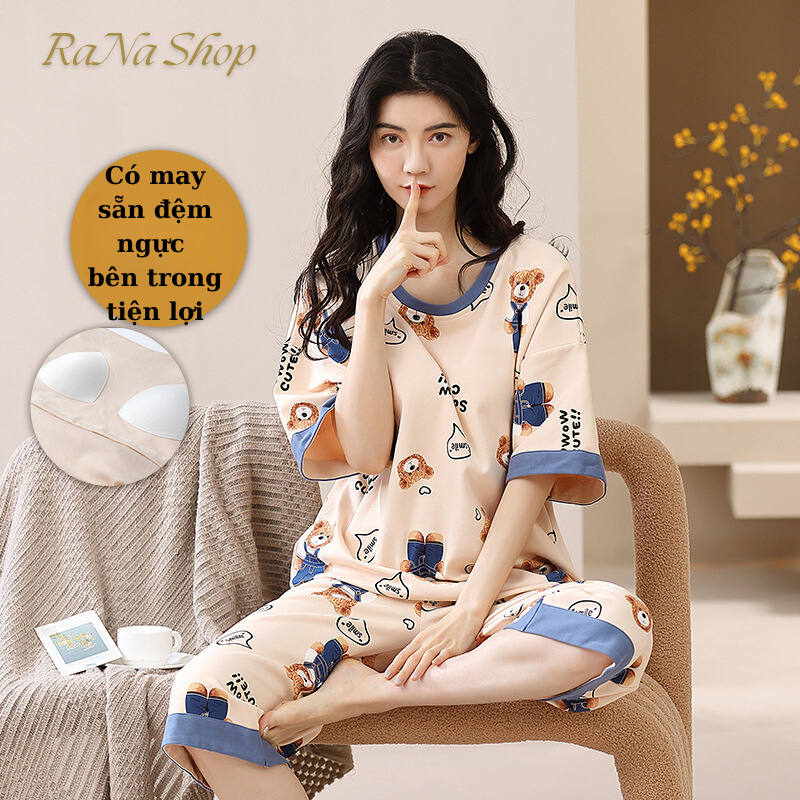 Bộ lửng mặc nhà cotton Dệt Kim Tay Ngắn Cao Cấp Có Đệm Ngực Dành Cho Nữ mẫu mới, bộ đồ mặc nhà siêu thoáng mát