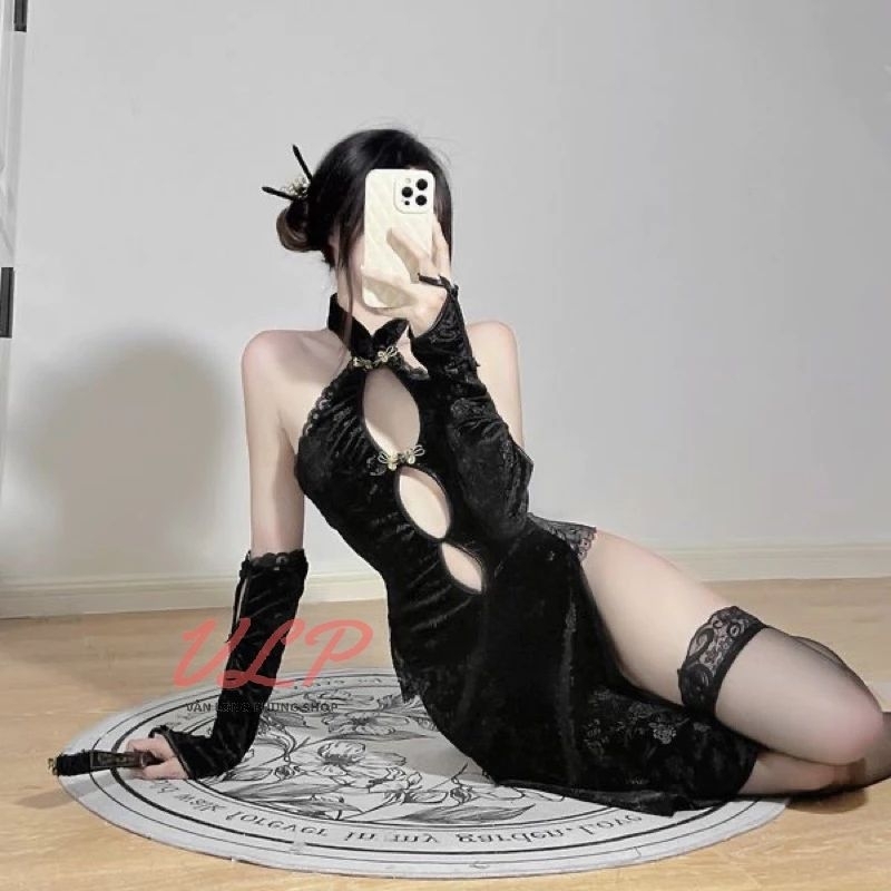 _DN136_Cosplay sườn xám nhung phối ren xẻ tà cao sexy