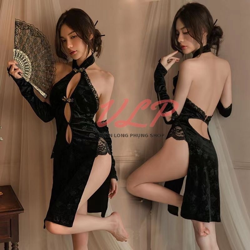 _DN136_Cosplay sườn xám nhung phối ren xẻ tà cao sexy