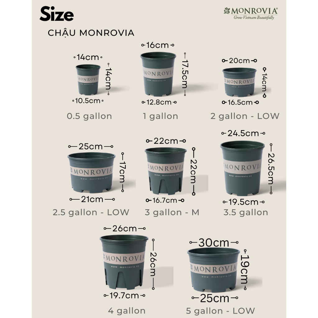 Chậu nhựa trồng cây MONROVIA Size NHỎ để bàn, ngoài trời, sân vườn, tiêu chuẩn Châu Âu