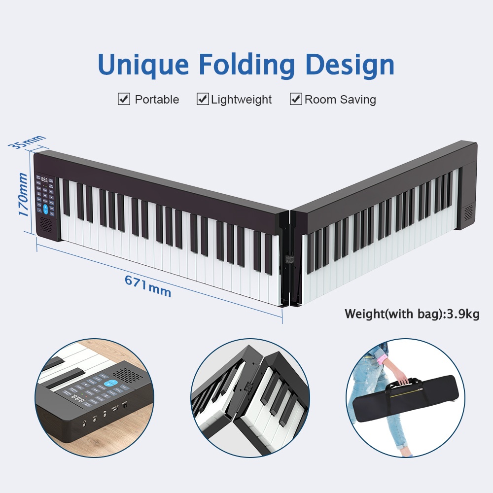 Đàn piano điện gấp gọn, Digital Foldable Piano - Konix PJ88B - Black, Travel Piano, Bluetooth, 88 phím