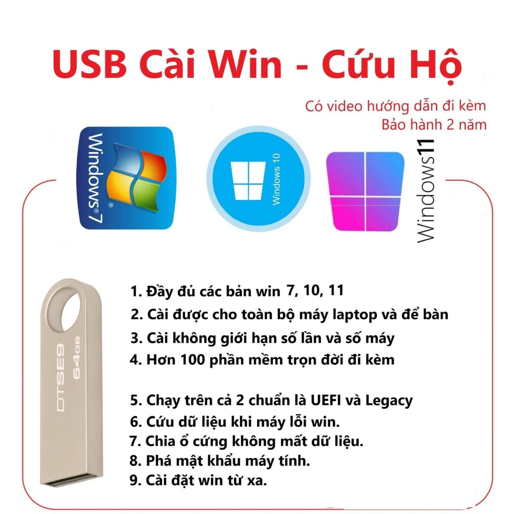 USB 64GB B.oot cài Win7-10-11 Cứu Hộ L.aptop - Máy T.ính - Chỉ cần Next Next là xong freeship