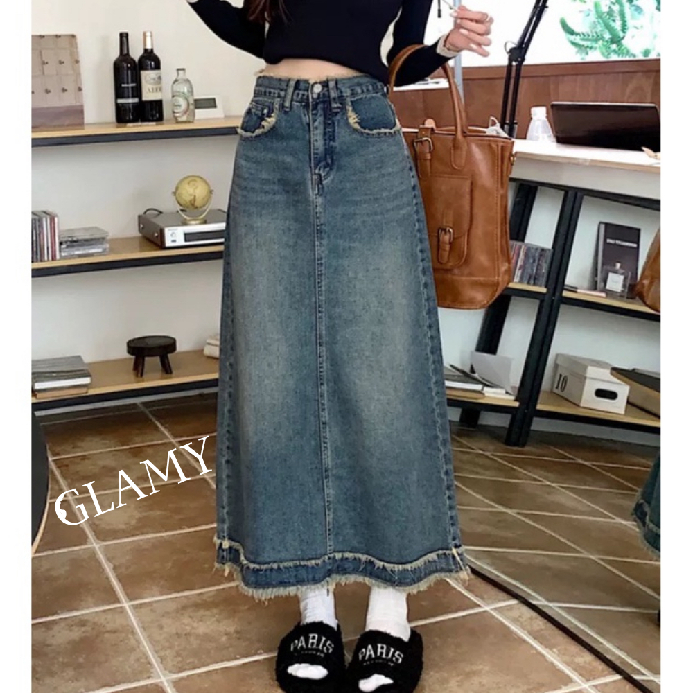 Chân váy jean dài GLAMY midi phong cách, chân váy dài tua gấu cạp cao tôn dáng CV15