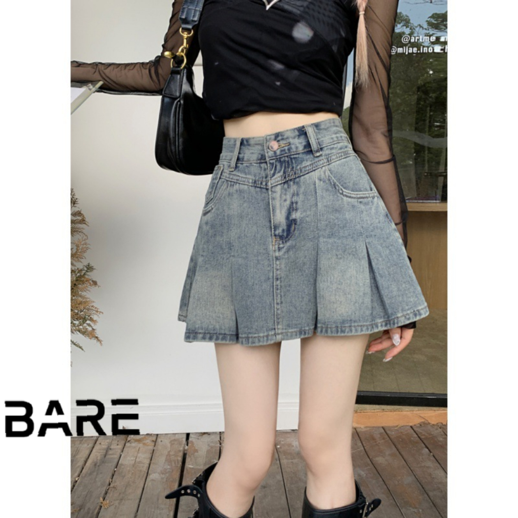 BARE_Chân Váy denim Ngắn Dáng Chữ a Xếp Ly Lưng Cao Kiểu retro Mỹ Thời Trang Mùa Hè Cho Nữ- CV044