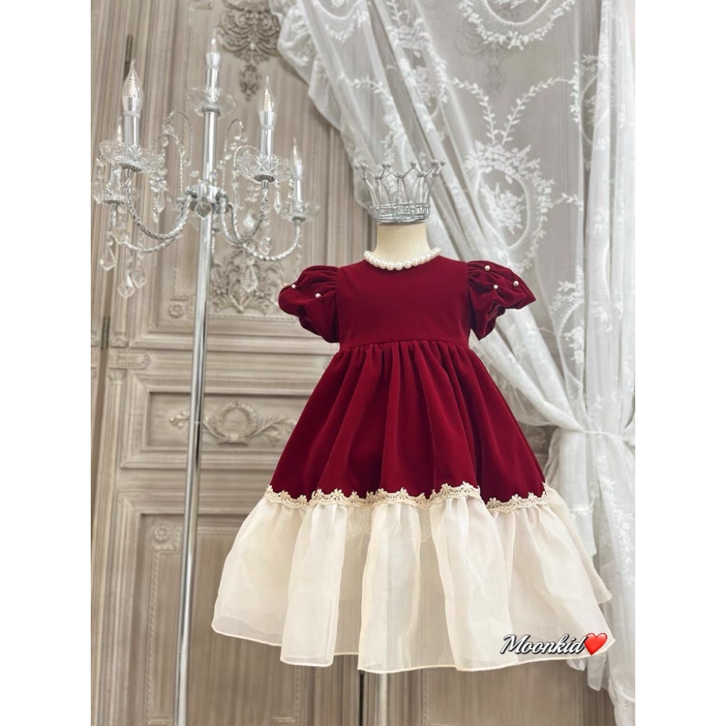 Váy đầm bé gái- Váy nhung công chúa dáng xòe khóa kéo sau lưng cho bé từ 8kg đến 20kg