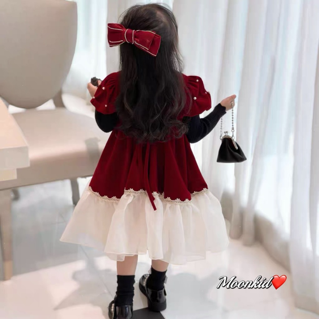 Váy đầm bé gái- Váy nhung công chúa dáng xòe khóa kéo sau lưng cho bé từ 8kg đến 20kg