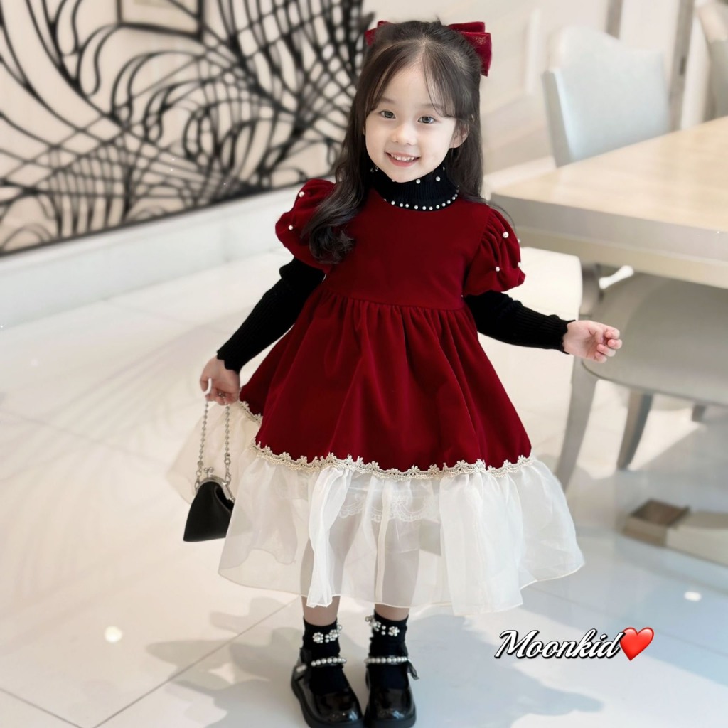 Váy đầm bé gái- Váy nhung công chúa dáng xòe khóa kéo sau lưng cho bé từ 8kg đến 20kg