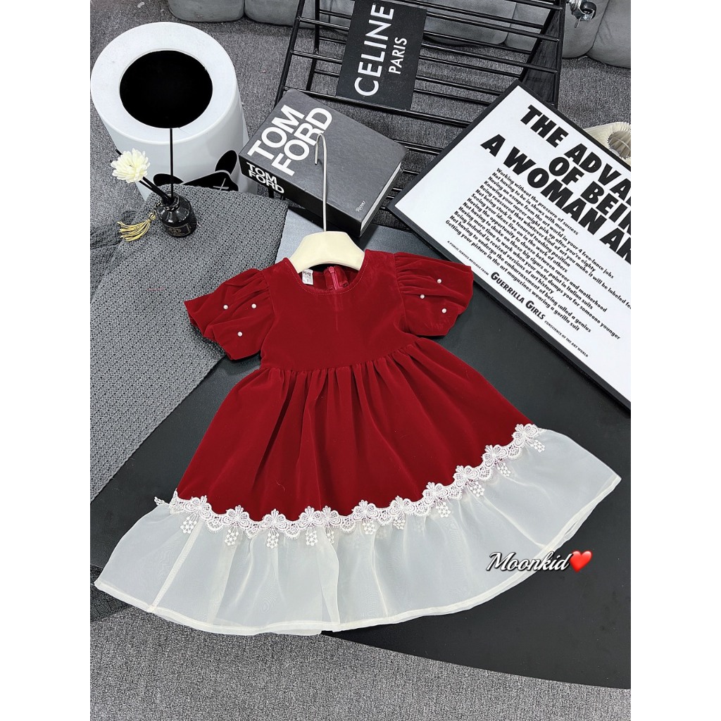 Váy đầm bé gái- Váy nhung công chúa dáng xòe khóa kéo sau lưng cho bé từ 8kg đến 20kg