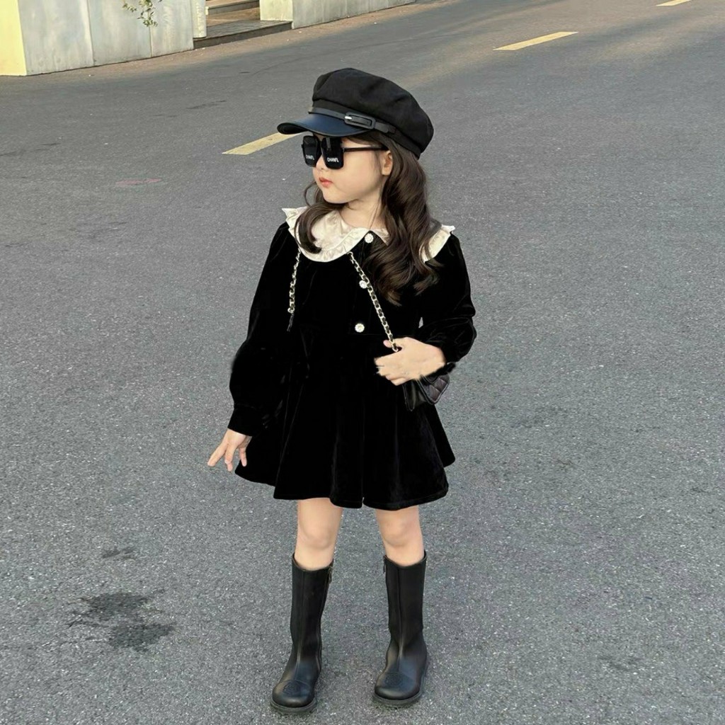 Váy Bé gái- Váy nhung bé gái dài tày cổ bèo cho bé từ 8kg đến 20kg