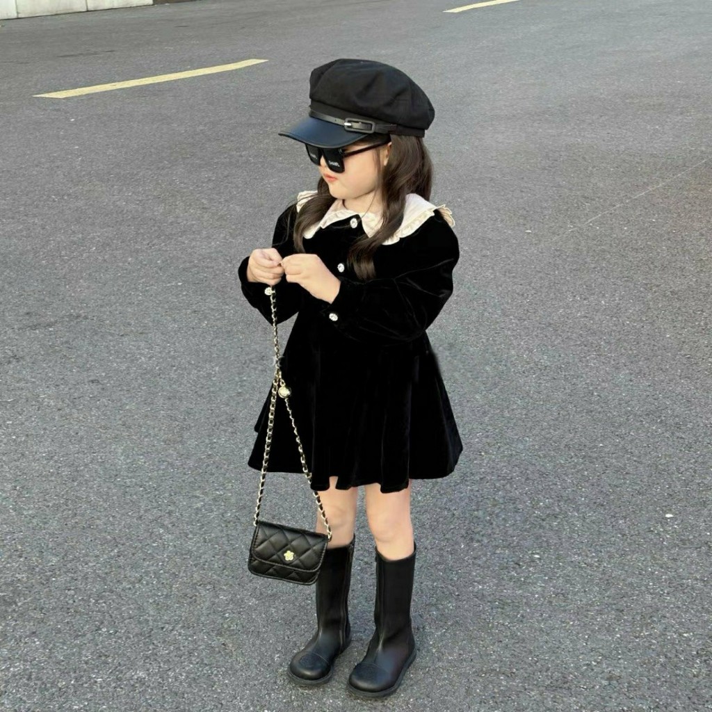 Váy Bé gái- Váy nhung bé gái dài tày cổ bèo cho bé từ 8kg đến 20kg