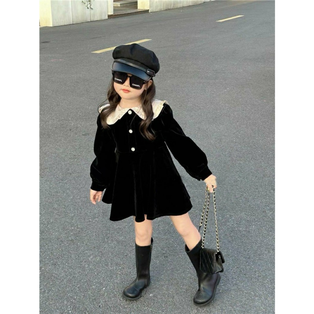 Váy Bé gái- Váy nhung bé gái dài tày cổ bèo cho bé từ 8kg đến 20kg