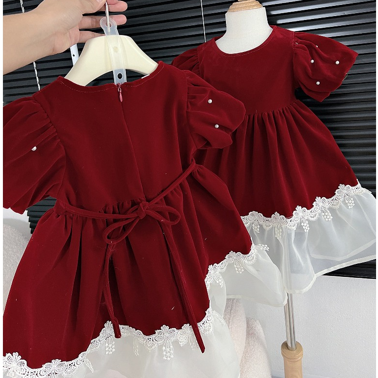 Váy đầm bé gái- Váy nhung công chúa dáng xòe khóa kéo sau lưng cho bé từ 8kg đến 20kg