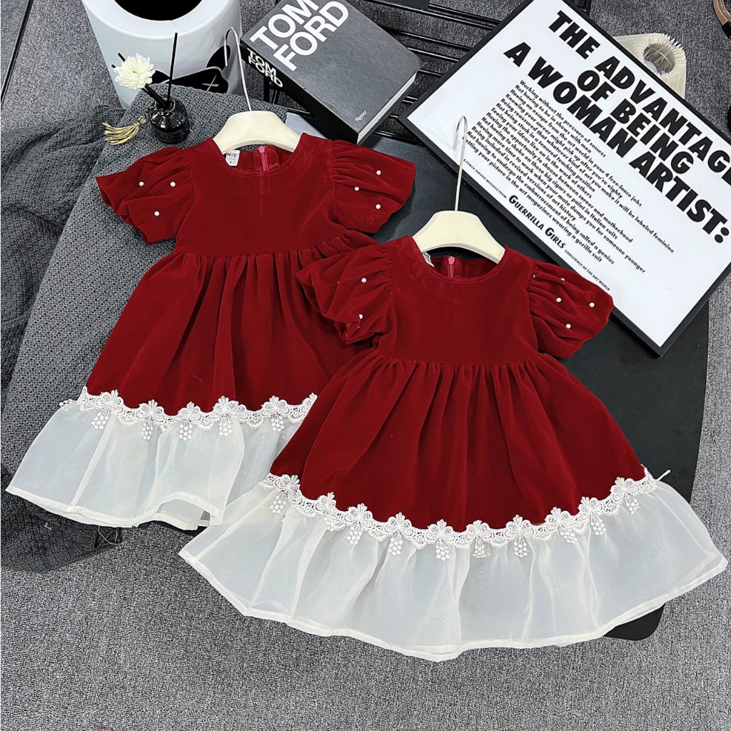 Váy đầm bé gái- Váy nhung công chúa dáng xòe khóa kéo sau lưng cho bé từ 8kg đến 20kg