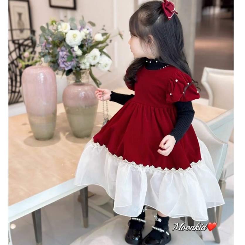 Váy đầm bé gái- Váy nhung công chúa dáng xòe khóa kéo sau lưng cho bé từ 8kg đến 20kg