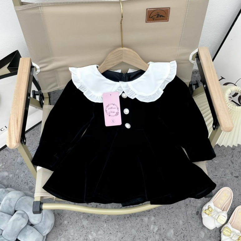 Váy Bé gái- Váy nhung bé gái dài tày cổ bèo cho bé từ 8kg đến 20kg