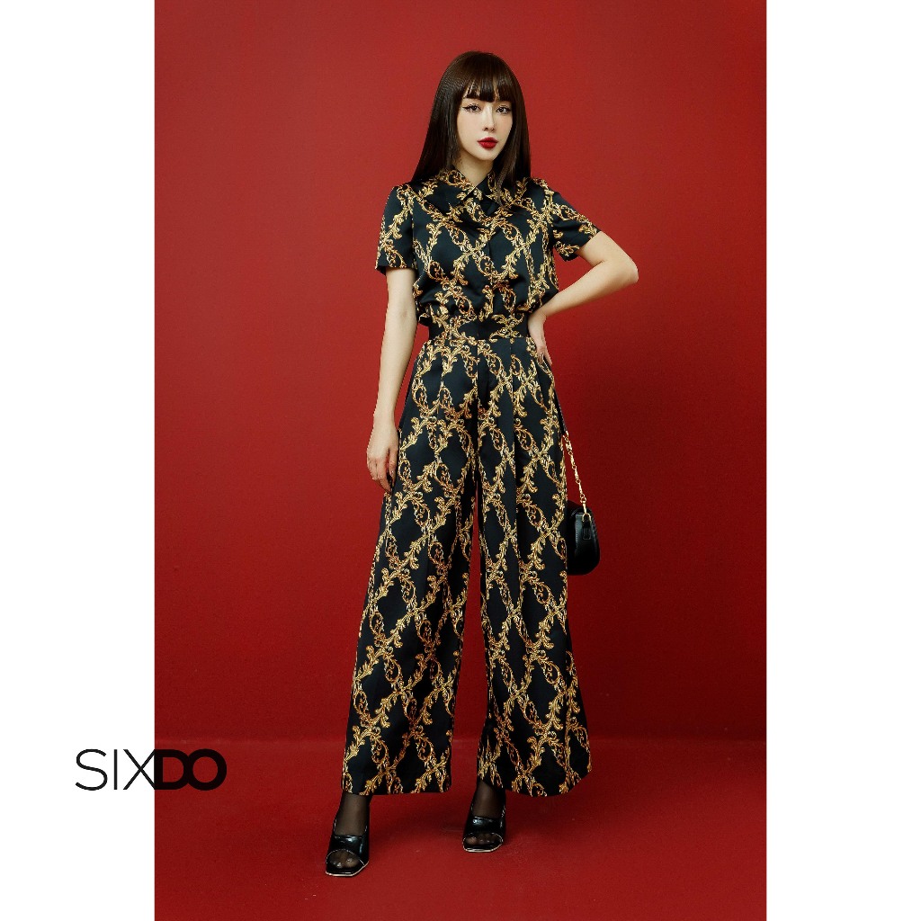 Quần lụa đen hoa tiết Baroque SIXDO (Black Baroque Print Wide Leg Silk Pants)