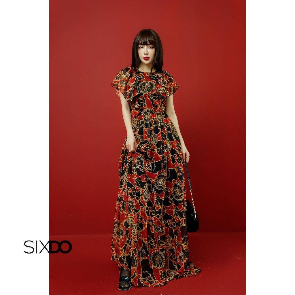 Đầm voan maxi họa tiết Baroque SIXDO (Black Baroque Print Tiered Midi Voile Dress)