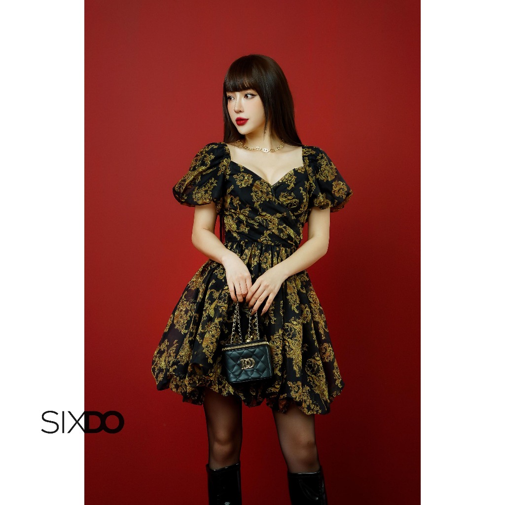 Đầm đen họa tiết Baroque dáng bồng xòe SIXDO (Black Baroque Print Bubble Mini Dress)