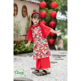 Áo dài bé gái tay phồng hoa văn siêu xinh