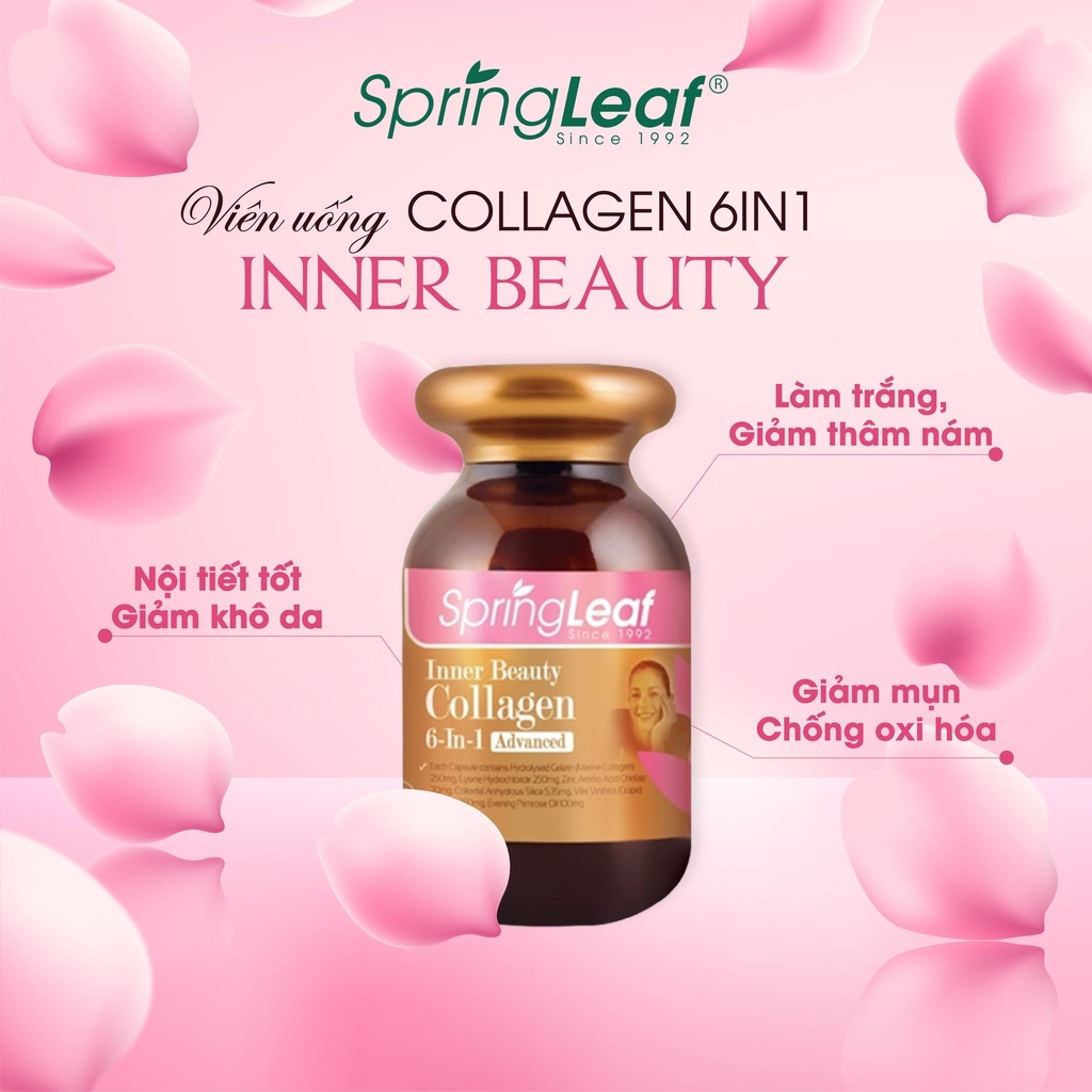 Collagen uống 6 in 1 spring leaf chống oxy hóa, làm sáng da, mờ vết thâm - Viên uống collagen làm đẹp da, chắc khỏe tóc