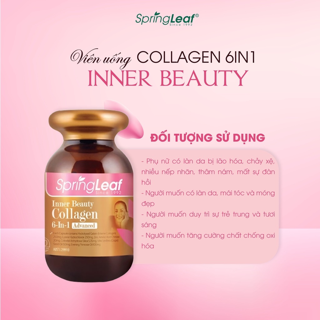 Collagen uống 6 in 1 spring leaf chống oxy hóa, làm sáng da, mờ vết thâm - Viên uống collagen làm đẹp da, chắc khỏe tóc