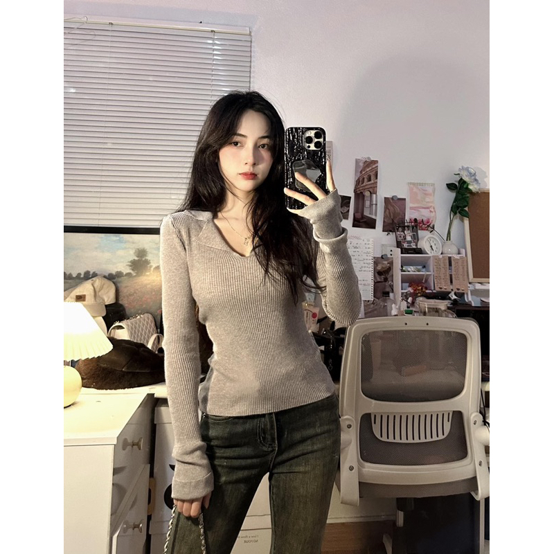 Áo len cổ bẻ ôm boday