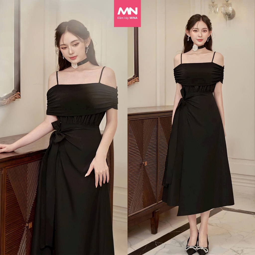 Đầm hai dây trễ vai dự tiệc thương hiệu Đầm Váy Mina dáng xoè midi sang trọng xinh đẹp - MN250