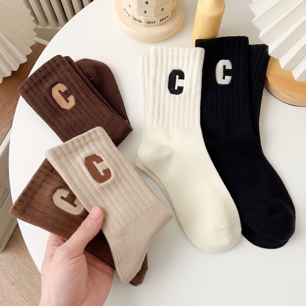 Tất Vớ Nữ, Tất Nam Nữ Cao Cổ Chất Liệu Cotton Hàn Thêu Chữ C Hàn Quốc Co giãn LIDA Mã T40