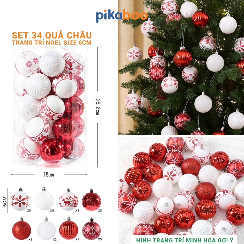 Quả châu Noel và đồ trang trí Giáng sinh Pikaboo, combo trang trí tiêu chuẩn xuất khẩu Châu Âu sơn tĩnh điện bền màu